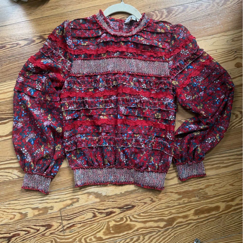 Anthropologie Ranna Gill Red Floral Smocked Neck Blouse
